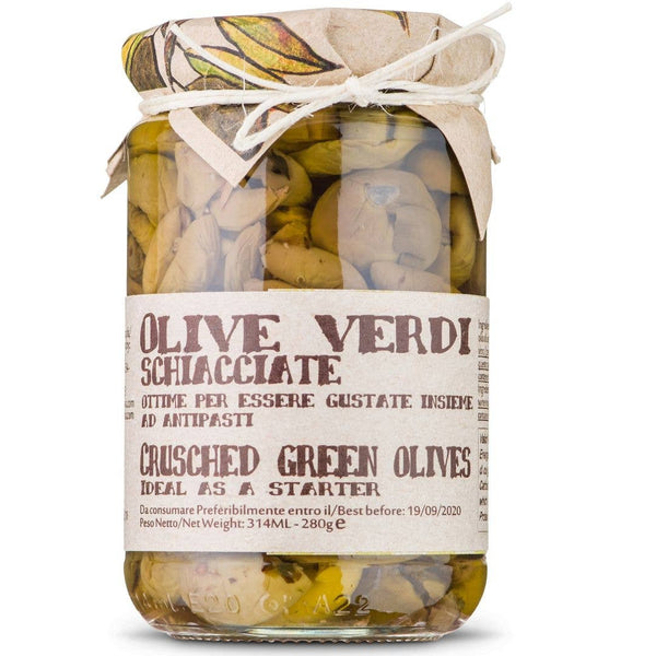 Artigiani dei Sapori, Italian Cracked Green Olives, 9.8 oz, Split Crunchy Green Olives (Pitted) in Oil
