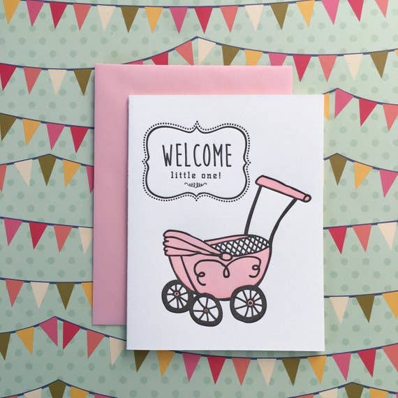 Welcome Baby Pink Buggy - letterpress card