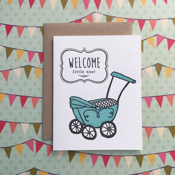 Welcome Baby Blue Buggy - letterpress card