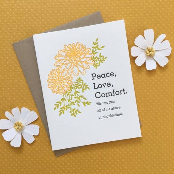 Dahlia Peace, Love, Comfort - letterpress card